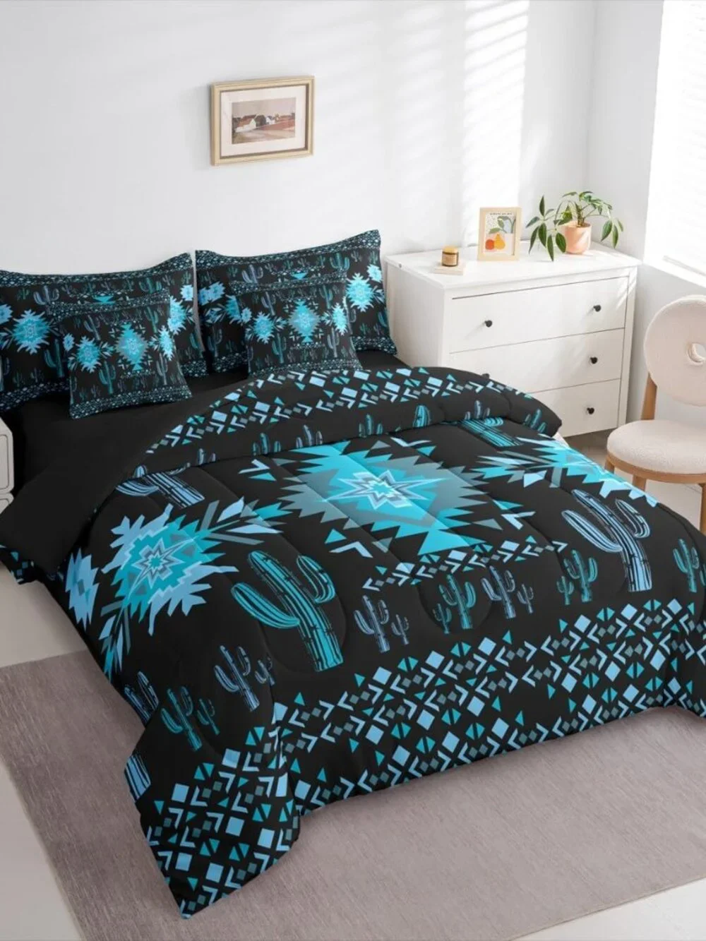 Black Southwestern Aztec Comforter Set with Sheets for Kids Boys Girls Geometric